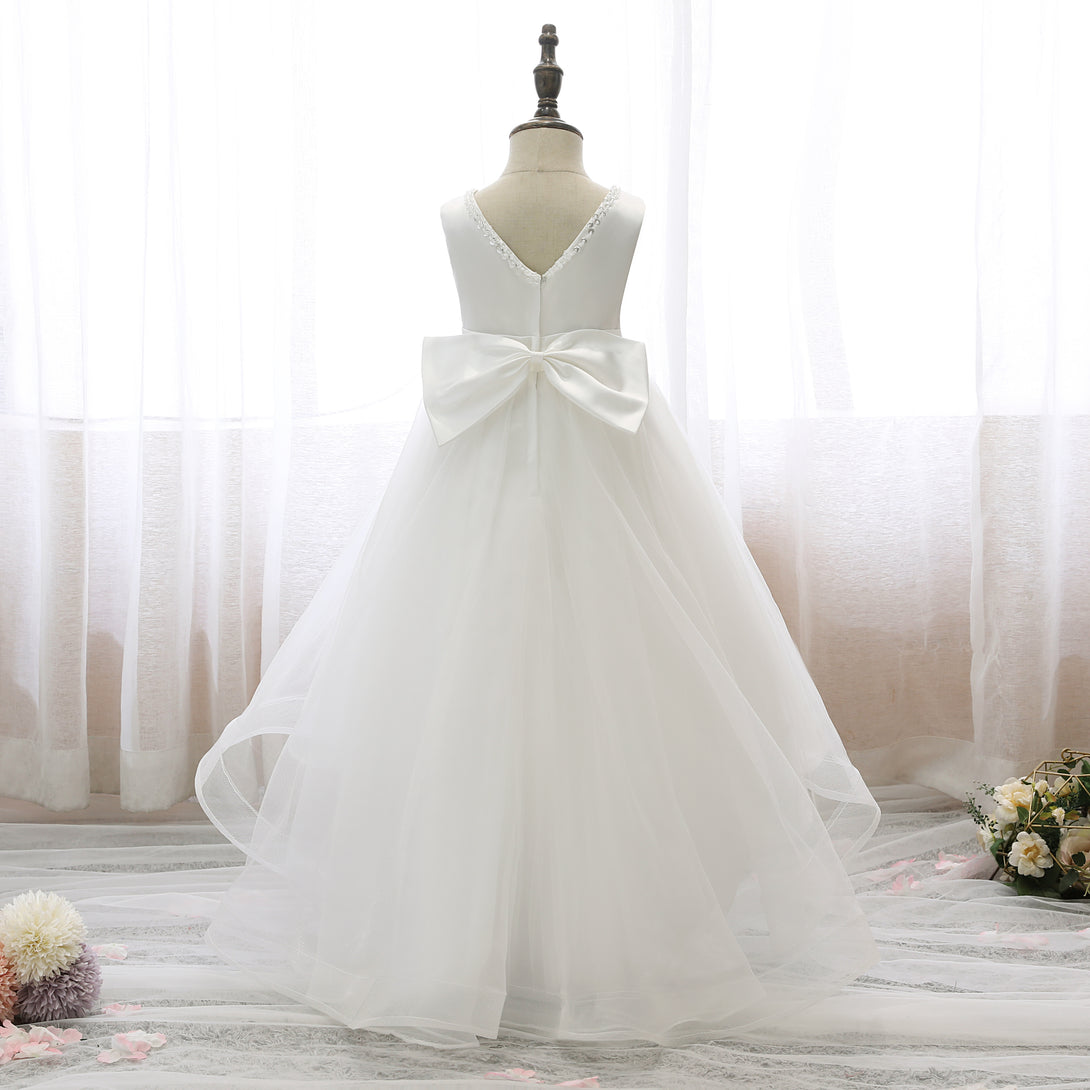 Boat Neck Sleeveless Tea-Length Satin/Tulle Asymmetrical Flower Girl Dresses With Beads/Belt/Bow Girls Gidiondress