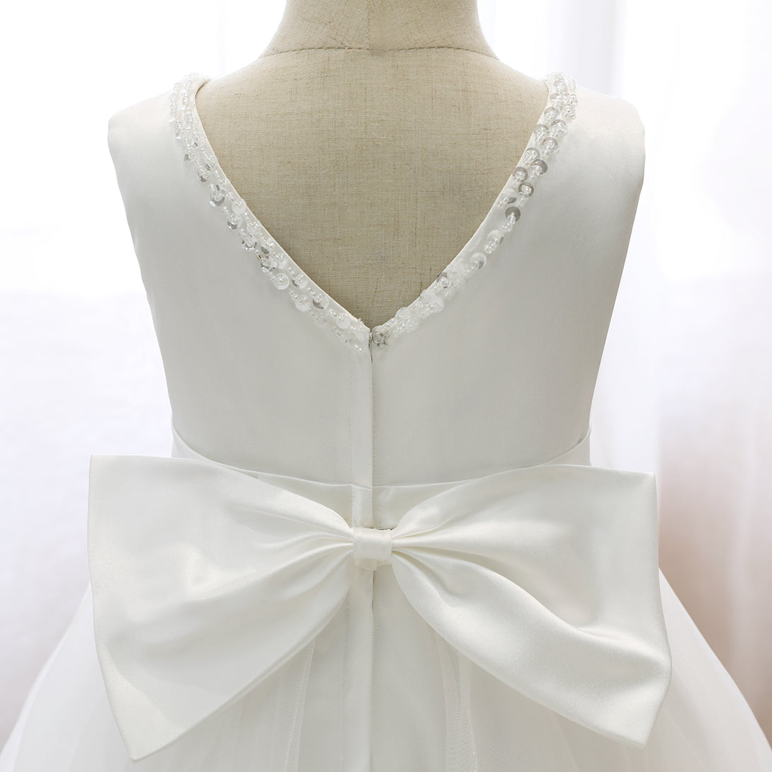 Boat Neck Sleeveless Tea-Length Satin/Tulle Asymmetrical Flower Girl Dresses With Beads/Belt/Bow Girls Gidiondress