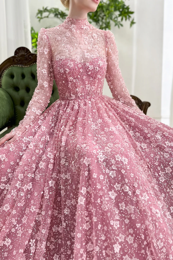 Romantic Pink Prom Dress High Neck Pink Floral Applique Tulle Gown Evening Party Dress BabaMila
