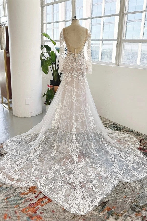 Mermaid Long Sleeves Wedding Dress Tulle Lace Appliques BabaMila