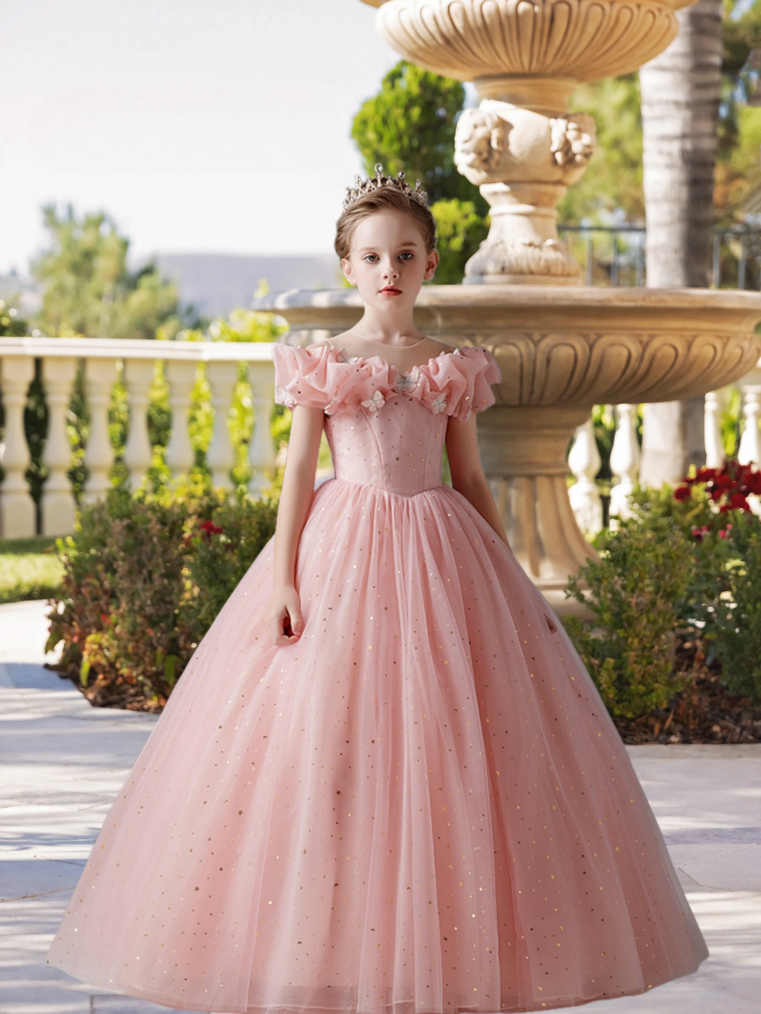 Boat Neck Cold Shoulder Floor-Length Satin/Printed Tulle Ball Gown/Princess With Butterfly Appliques Girls Gidiondress