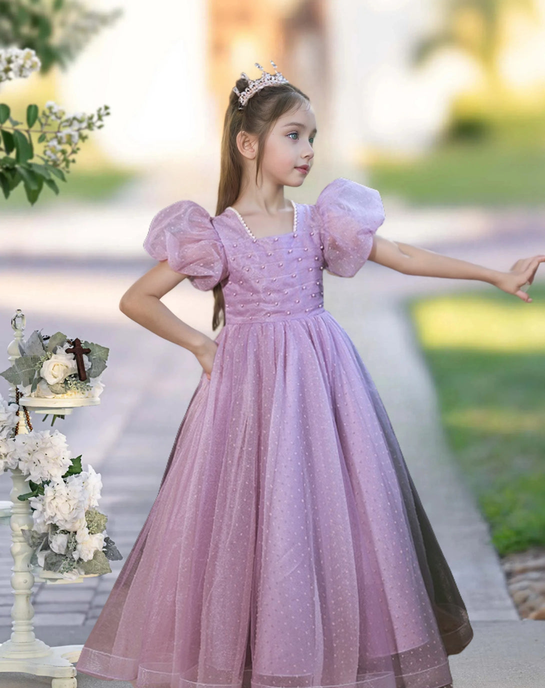 Princesss/Ball Gown Short Sleeve Square Neck Floor-Length Satin/Polka Dots Tulle Holiday＆Christmas Dresses Girls Gidiondress