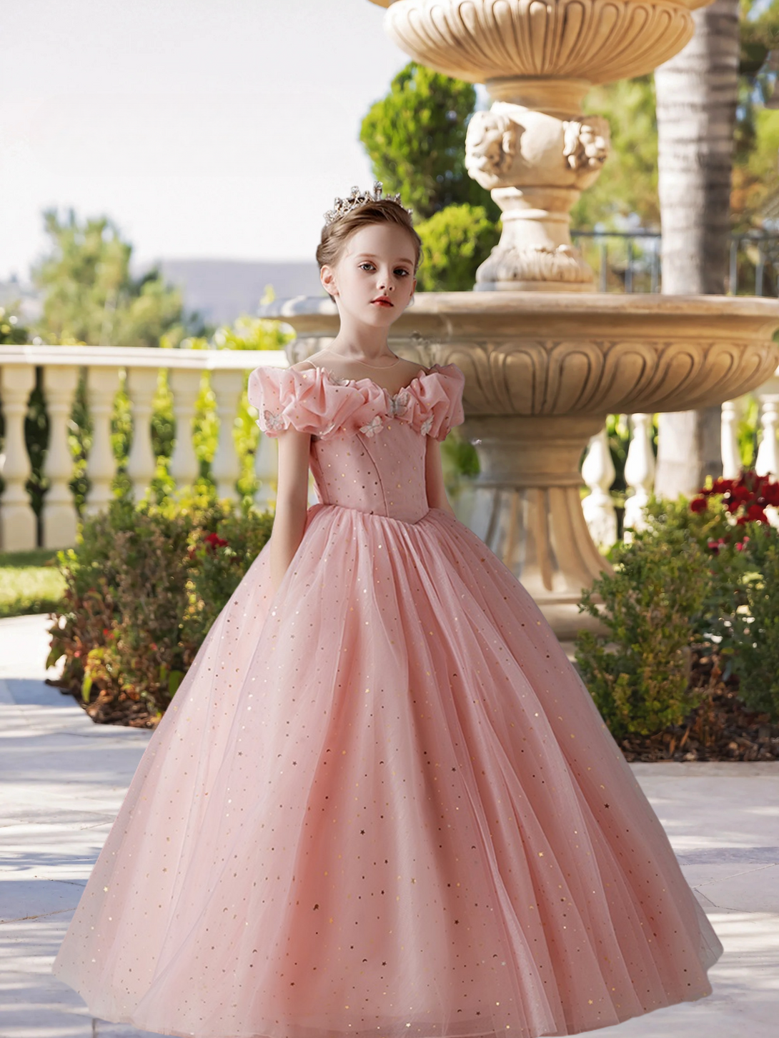 Boat Neck Cold Shoulder Floor-Length Satin/Printed Tulle Ball Gown/Princess With Butterfly Appliques Girls Gidiondress