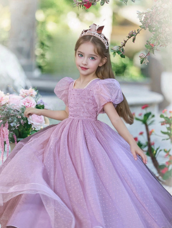 Princesss/Ball Gown Short Sleeve Square Neck Floor-Length Satin/Polka Dots Tulle Holiday＆Christmas Dresses Girls Gidiondress as picture 12M