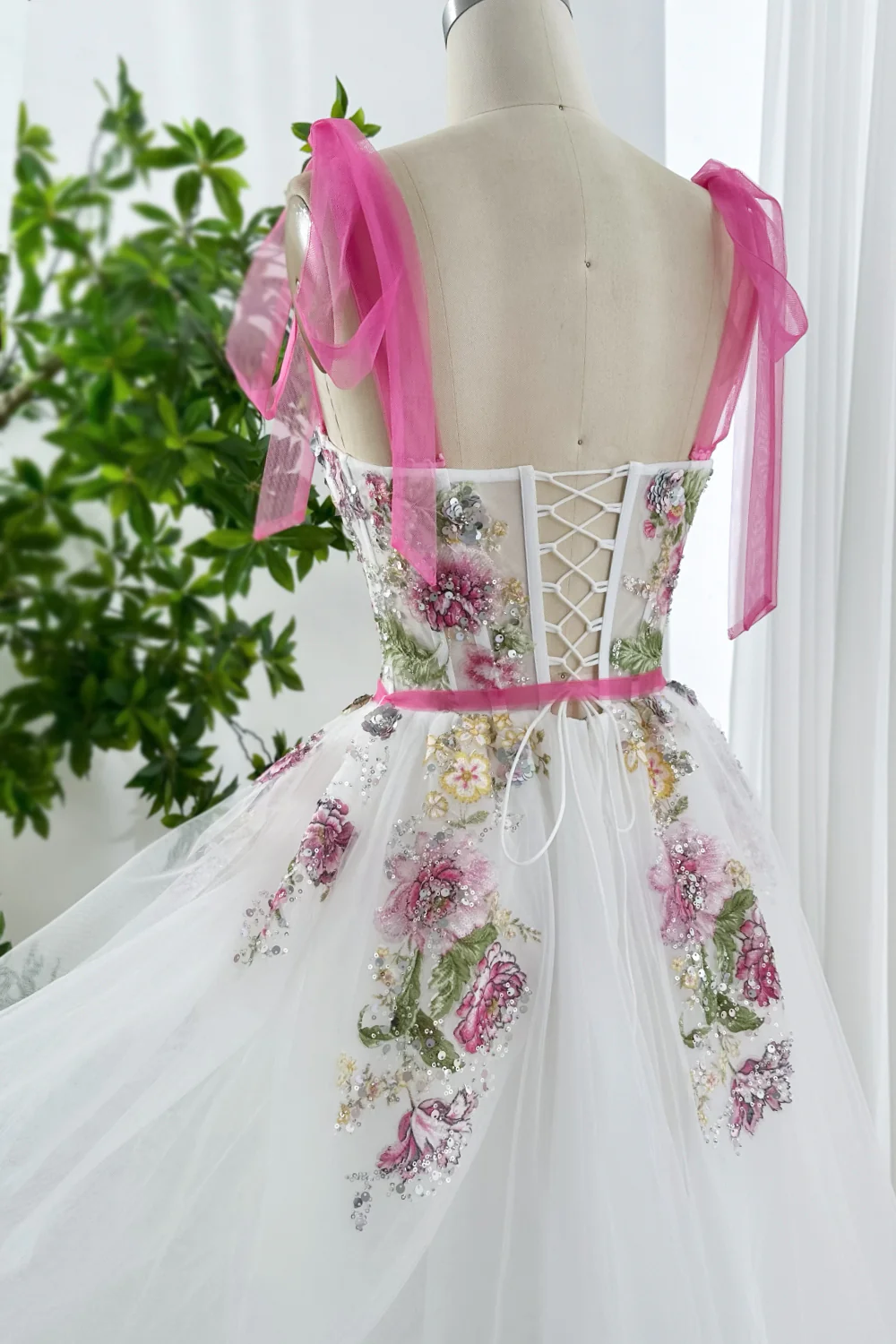 Floral Embroidered Prom Dress Tulle Midi Dress with Pink Ribbon Straps Floral Applique Tulle Gown Evening Party Dress BabaMila