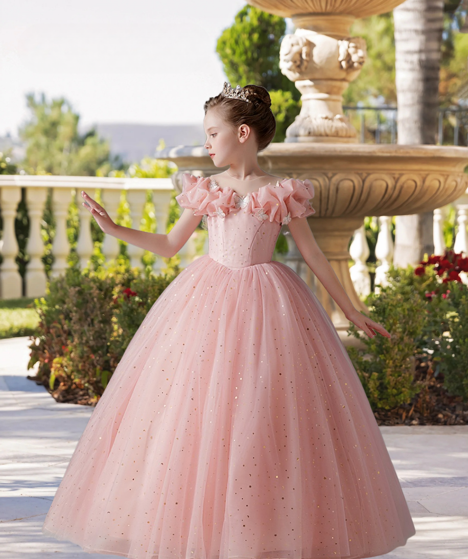 Boat Neck Cold Shoulder Floor-Length Satin/Printed Tulle Ball Gown/Princess With Butterfly Appliques Girls Gidiondress Pearl Pink 12M