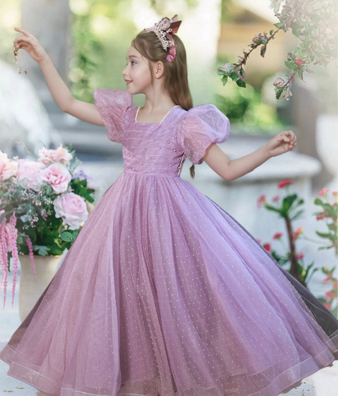 Princesss/Ball Gown Short Sleeve Square Neck Floor-Length Satin/Polka Dots Tulle Holiday＆Christmas Dresses Girls Gidiondress