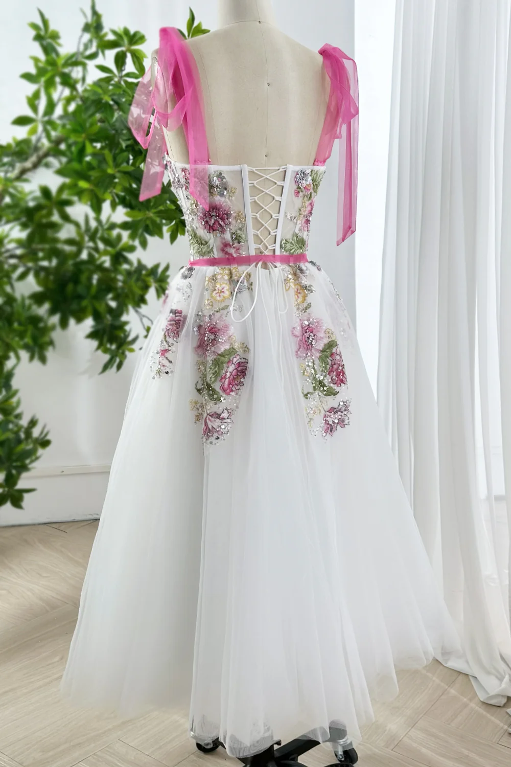 Floral Embroidered Prom Dress Tulle Midi Dress with Pink Ribbon Straps Floral Applique Tulle Gown Evening Party Dress BabaMila