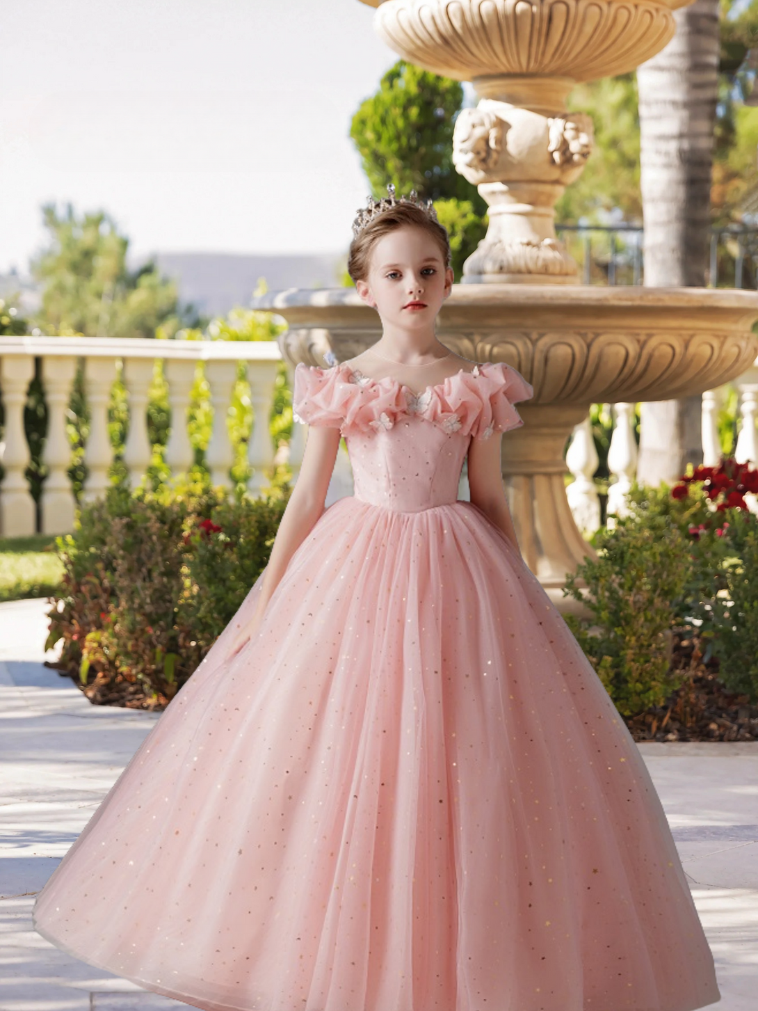 Boat Neck Cold Shoulder Floor-Length Satin/Printed Tulle Ball Gown/Princess With Butterfly Appliques Girls Gidiondress