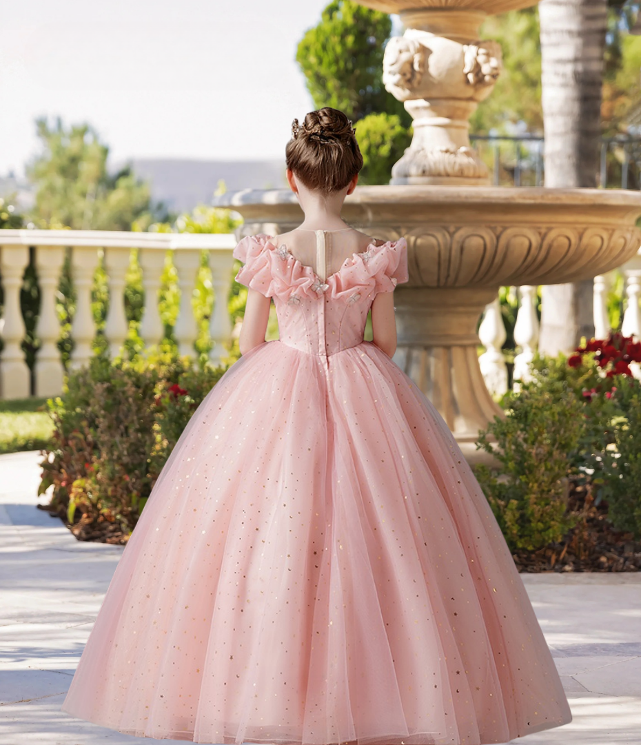 Boat Neck Cold Shoulder Floor-Length Satin/Printed Tulle Ball Gown/Princess With Butterfly Appliques Girls Gidiondress