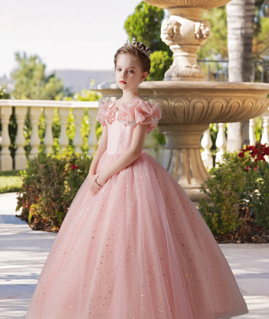 Boat Neck Cold Shoulder Floor-Length Satin/Printed Tulle Ball Gown/Princess With Butterfly Appliques Girls Gidiondress