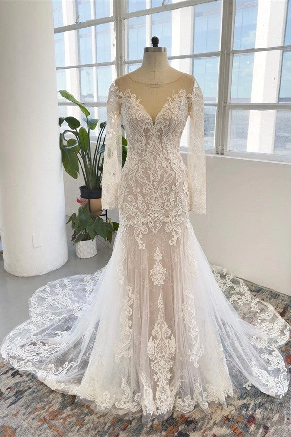 Mermaid Long Sleeves Wedding Dress Tulle Lace Appliques BabaMila