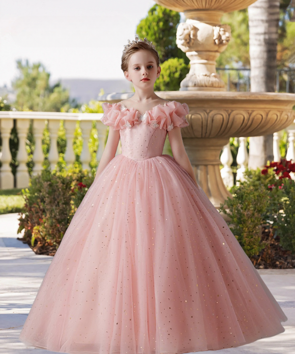 Boat Neck Cold Shoulder Floor-Length Satin/Printed Tulle Ball Gown/Princess With Butterfly Appliques Girls Gidiondress