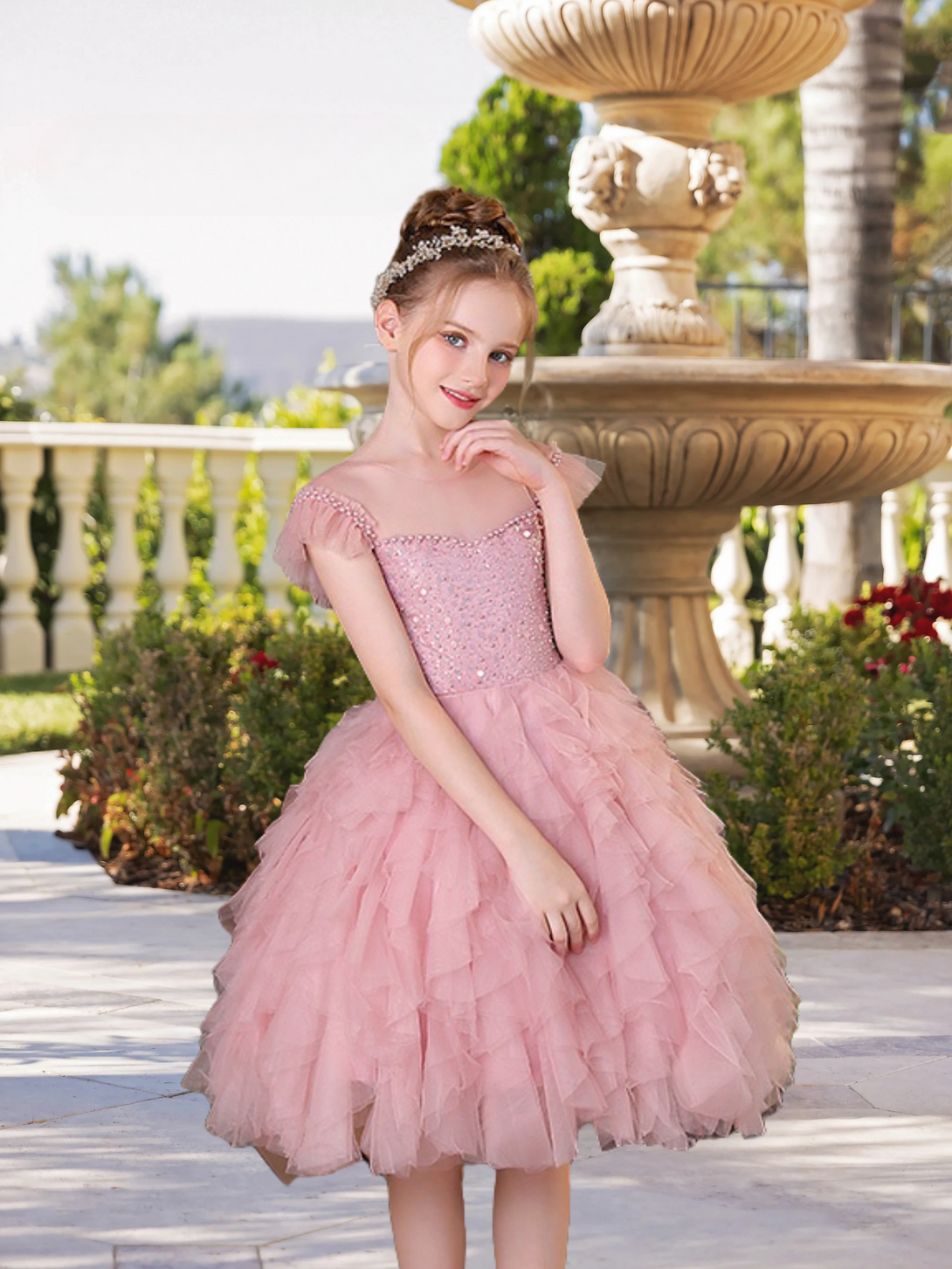 Boat Neck Flutter Straps Knee-Length Exquisite Sequins/Tulle Girl's Cake Dresses With Appliques/Beads Girls Gidiondress