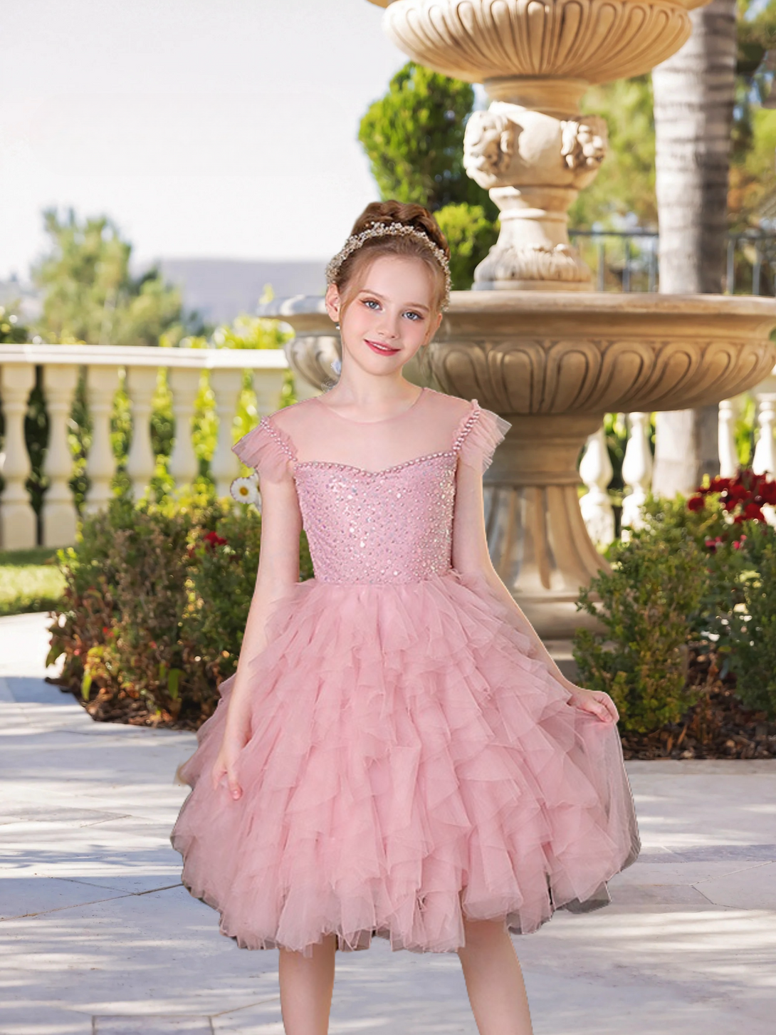 Boat Neck Flutter Straps Knee-Length Exquisite Sequins/Tulle Girl's Cake Dresses With Appliques/Beads Girls Gidiondress