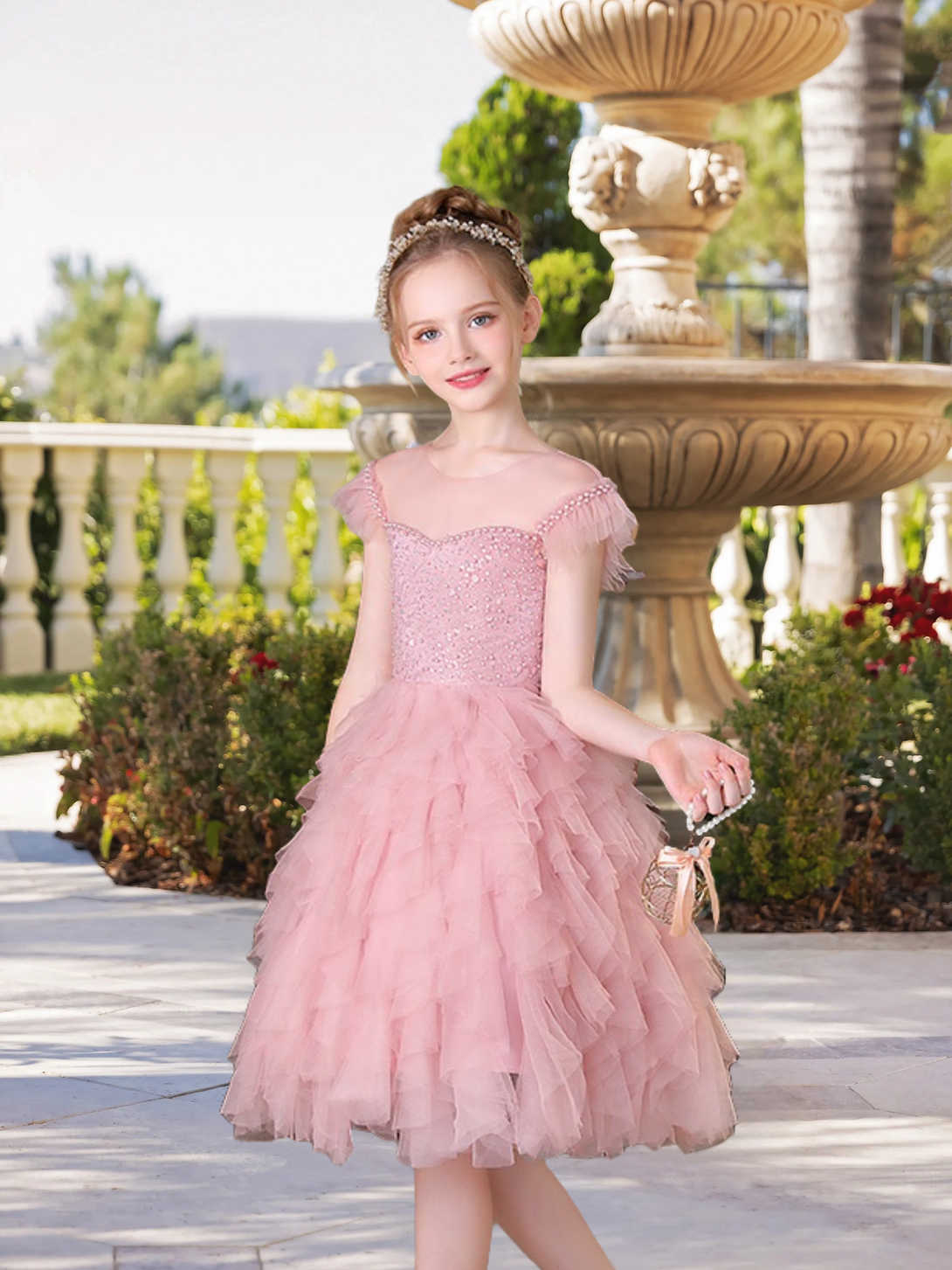 Boat Neck Flutter Straps Knee-Length Exquisite Sequins/Tulle Girl's Cake Dresses With Appliques/Beads Girls Gidiondress