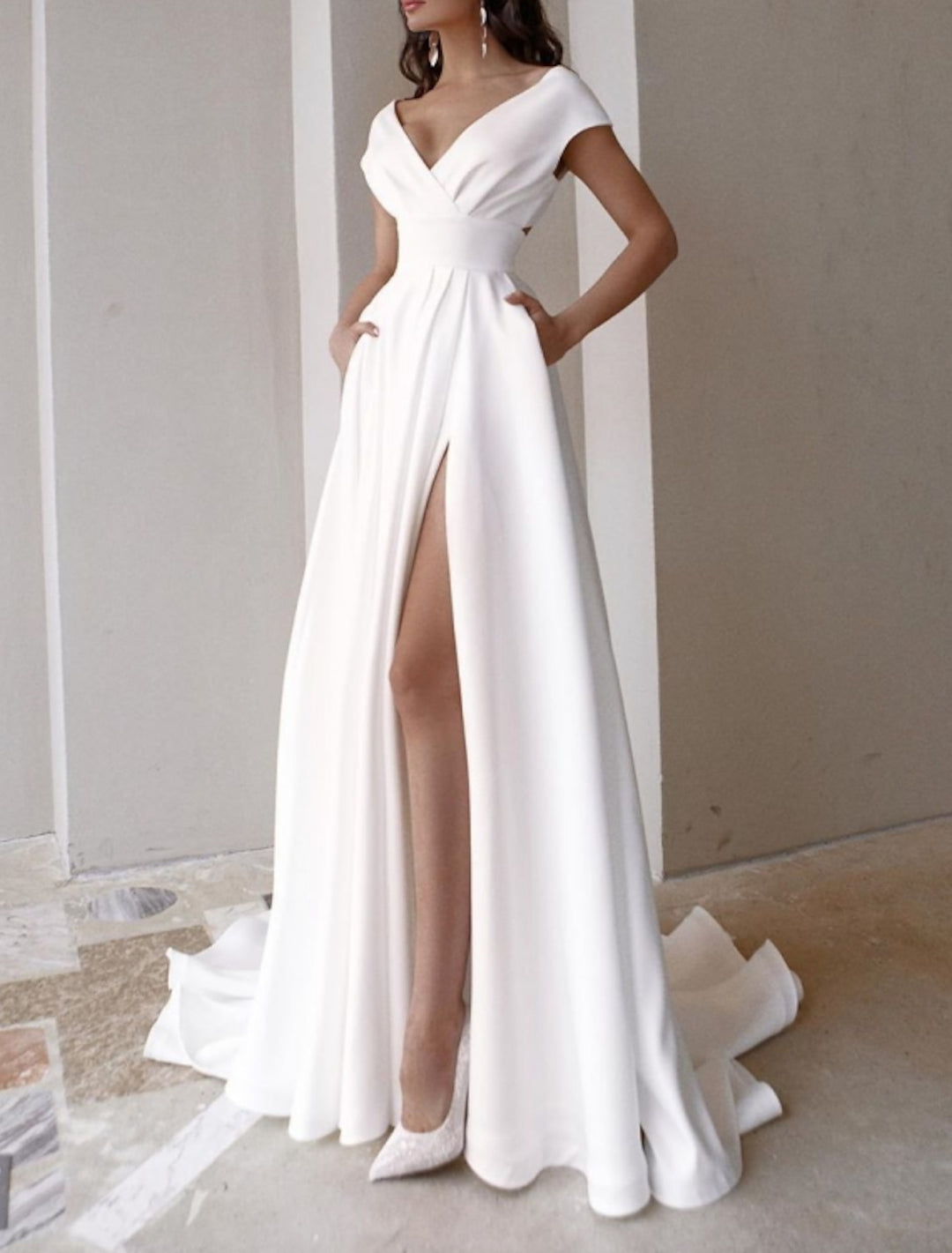 A Line/Princess V-Neck Cap Sleeve Wedding Dresses Sweep / Brush Train with Split Front BabaMila