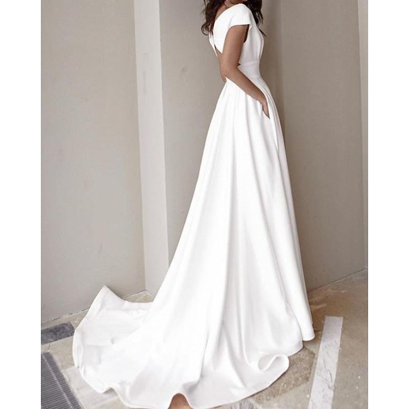 A Line/Princess V-Neck Cap Sleeve Wedding Dresses Sweep / Brush Train with Split Front BabaMila