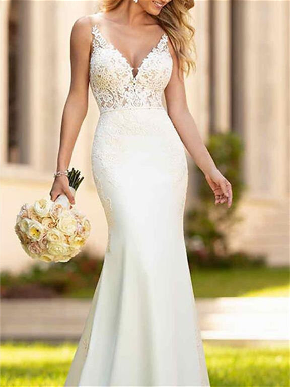 Mermaid/Trumpet V-Neck Sleeveless Wedding Dresses Court Train with Appliques BabaMila