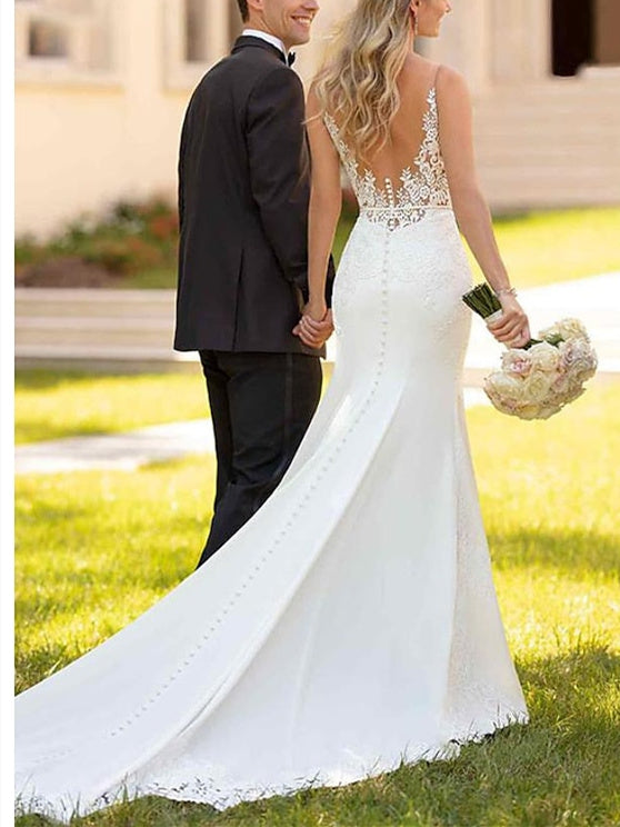 Mermaid/Trumpet V-Neck Sleeveless Wedding Dresses Court Train with Appliques BabaMila