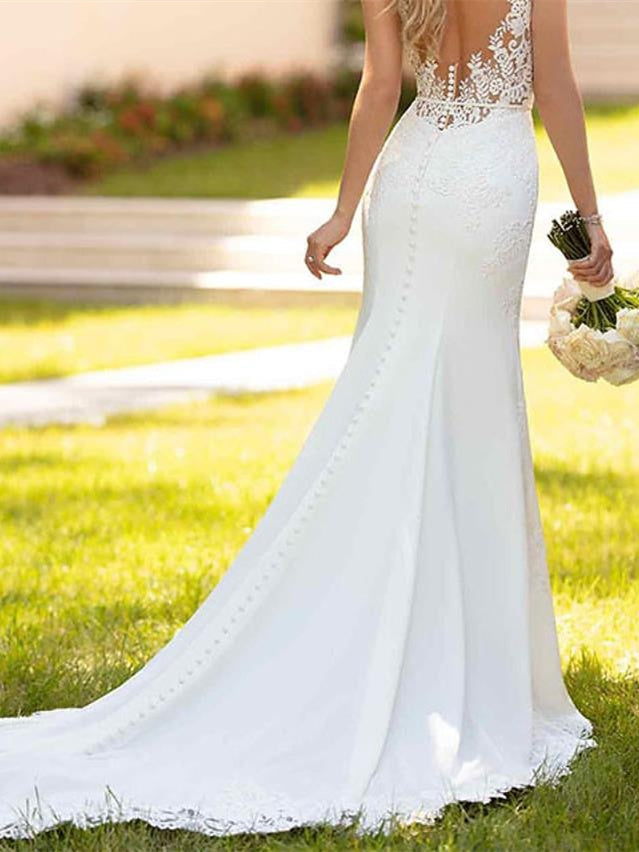 Mermaid/Trumpet V-Neck Sleeveless Wedding Dresses Court Train with Appliques BabaMila