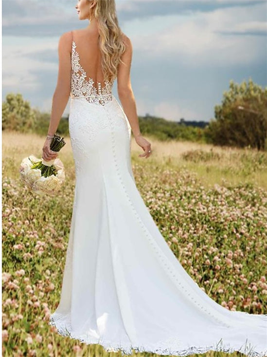 Mermaid/Trumpet V-Neck Sleeveless Wedding Dresses Court Train with Appliques BabaMila