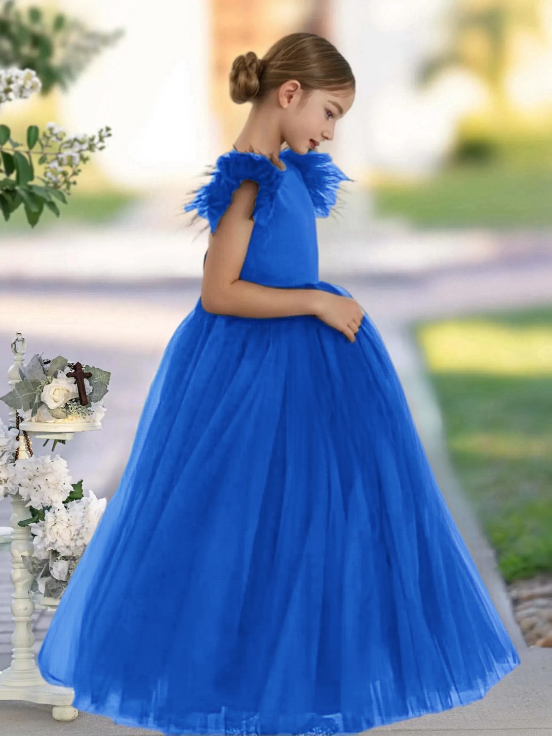 Scoop Neck Flutter Straps Classic Floor-Length Satin/Tulle Girls Birthday Dresses With Bow Gidiondress