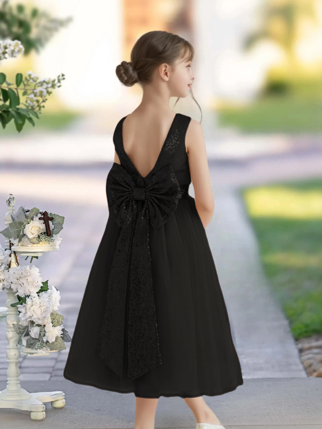 A-Line Scoop Neck Classic Sleeveless Tea-Length Sequins/Satin/Tulle Girls Birthday Dresses With Belt/Bow Gidiondress Black 12M