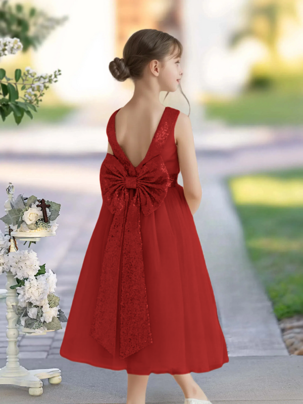 A-Line Scoop Neck Classic Sleeveless Tea-Length Sequins/Satin/Tulle Girls Birthday Dresses With Belt/Bow Gidiondress