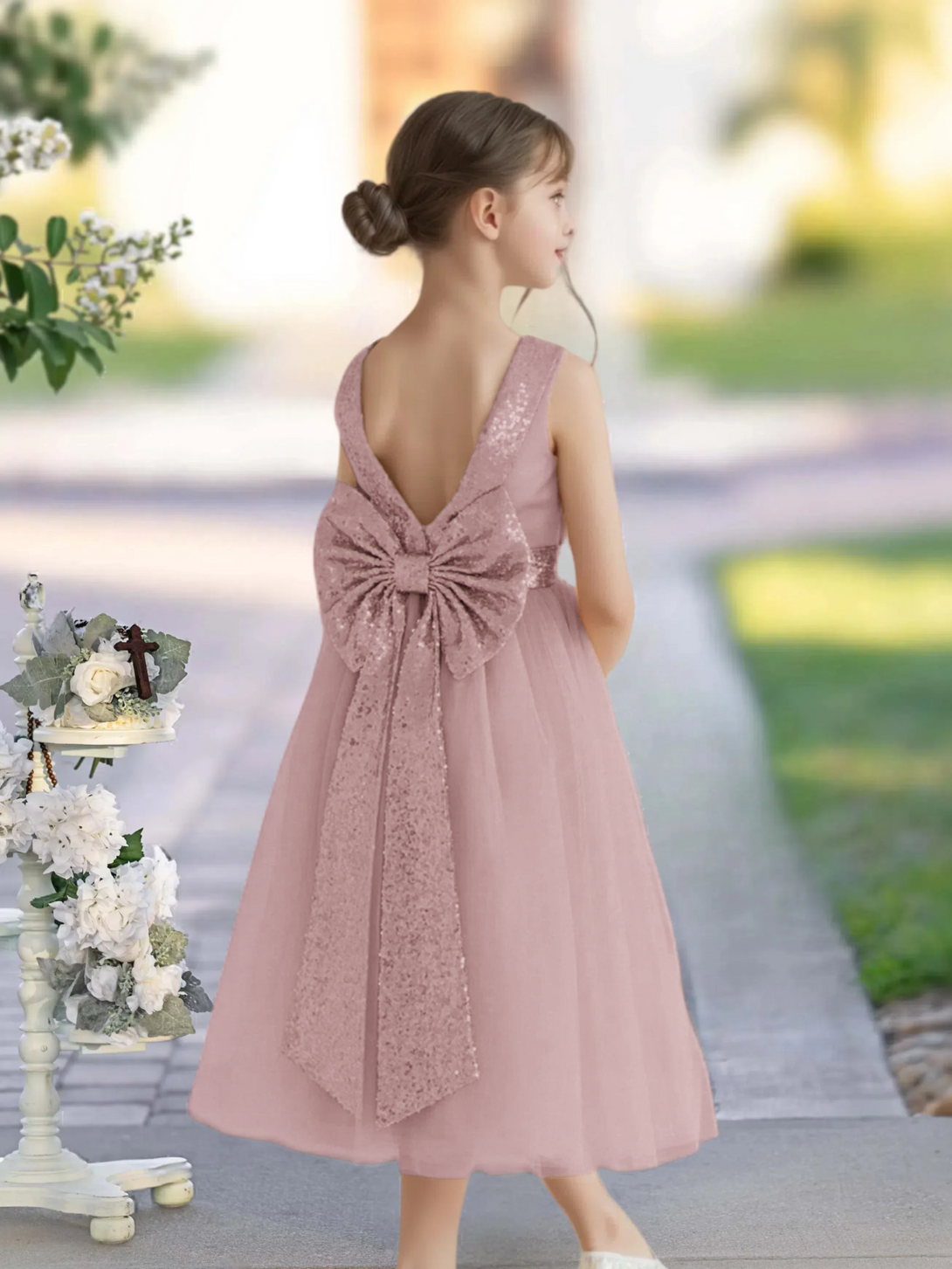 A-Line Scoop Neck Classic Sleeveless Tea-Length Sequins/Satin/Tulle Girls Birthday Dresses With Belt/Bow Gidiondress Dusty Rose 12M