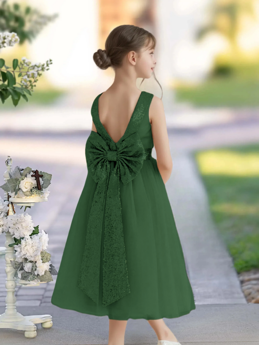 A-Line Scoop Neck Classic Sleeveless Tea-Length Sequins/Satin/Tulle Girls Birthday Dresses With Belt/Bow Gidiondress Dark Green 12M