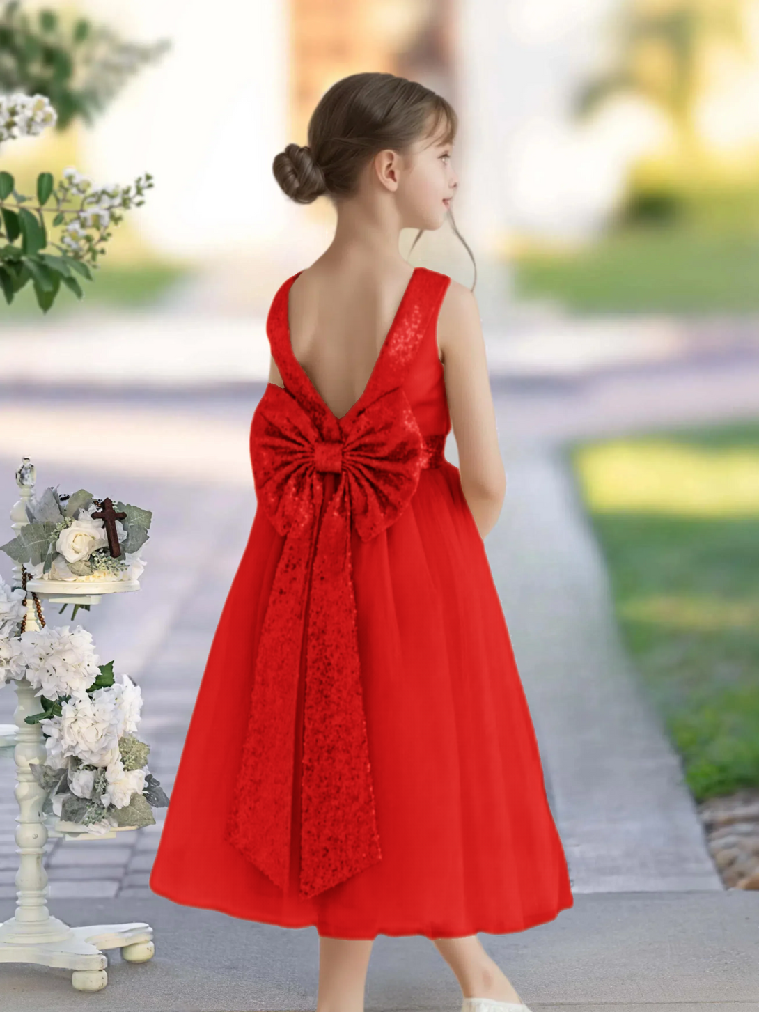 A-Line Scoop Neck Classic Sleeveless Tea-Length Sequins/Satin/Tulle Girls Birthday Dresses With Belt/Bow Gidiondress Red 12M