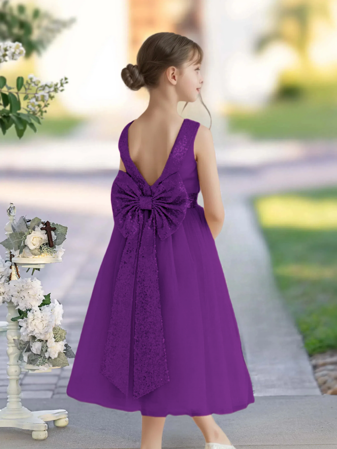 A-Line Scoop Neck Classic Sleeveless Tea-Length Sequins/Satin/Tulle Girls Birthday Dresses With Belt/Bow Gidiondress