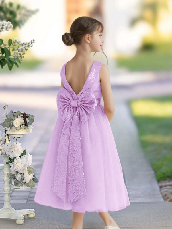 A-Line Scoop Neck Classic Sleeveless Tea-Length Sequins/Satin/Tulle Girls Birthday Dresses With Belt/Bow Gidiondress