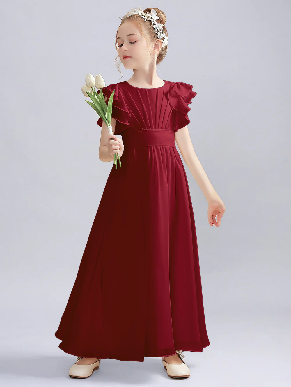 A-Line Flutter straps Scoop Neck Floor-Length Ivory Chiffon Flower Girl Dresses/First Communion Dress Gidiondress
