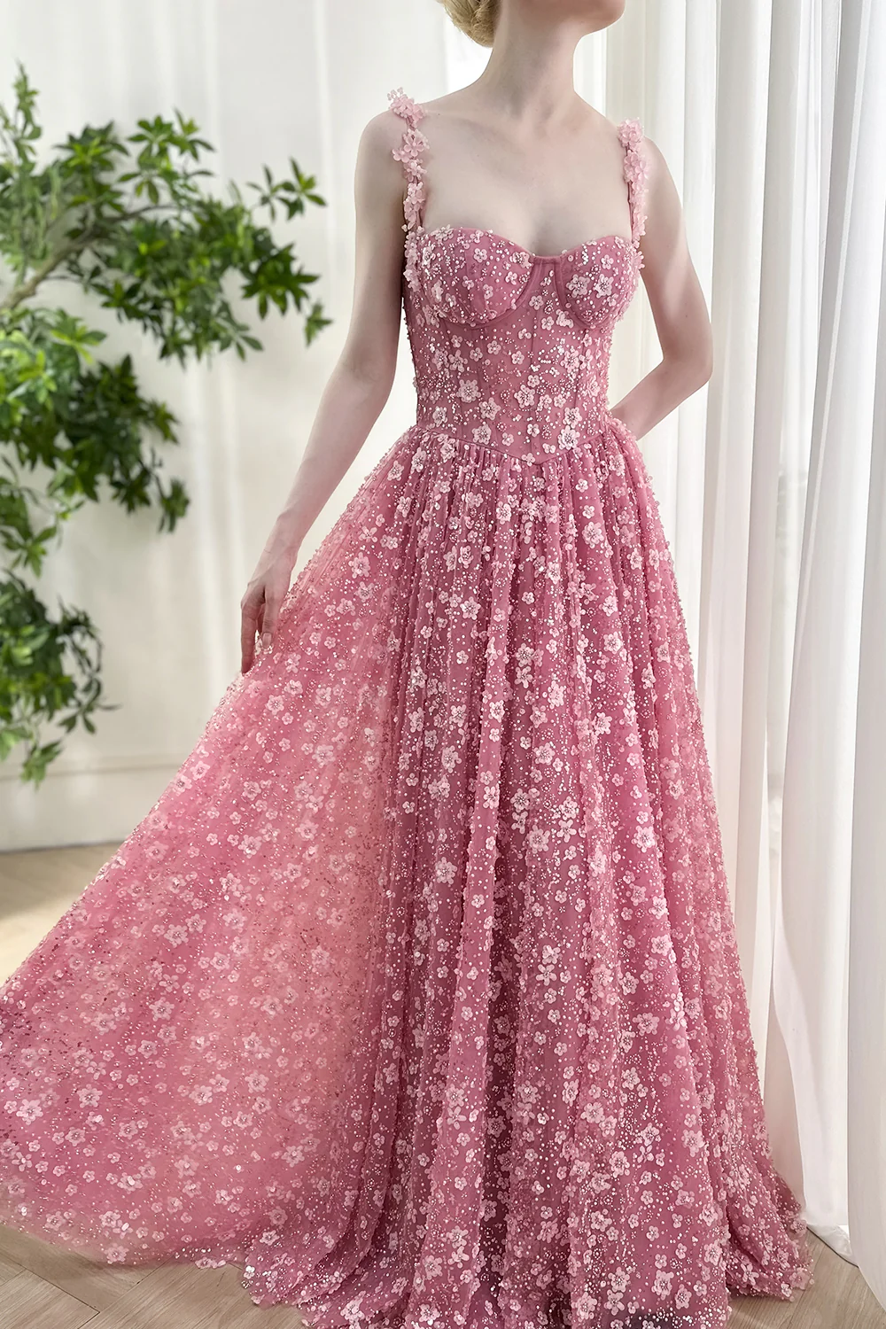 Romantic Pink Prom Dress Floral Embellished Evening Gown BabaMila