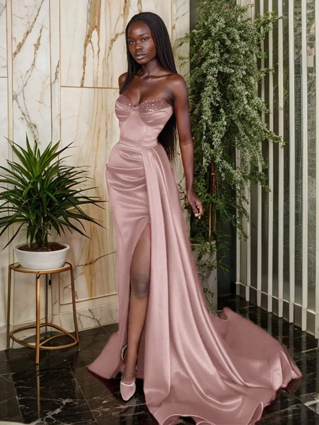 Elastic Women Satin Ruched Sweetheart Prom Dress Sleeveless Sweep/Brush Train Dresses BabaMila
