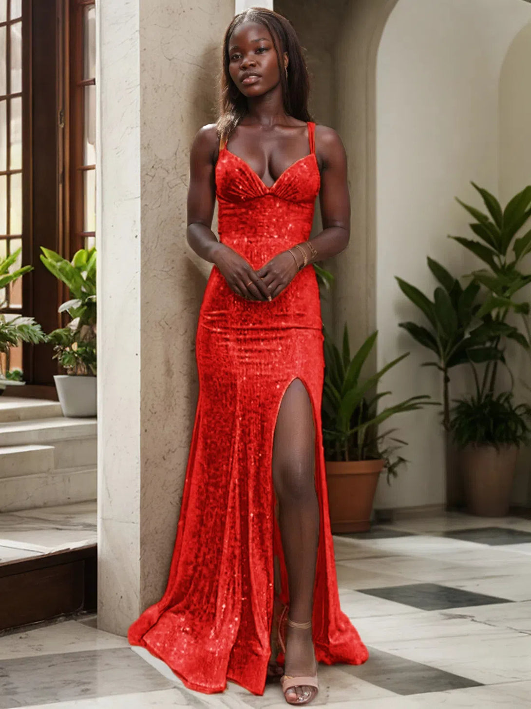 Sheath/Column Ruched V-neck Sequins Prom Gown Sleeveless Sweep/Brush Train Party Dresses BabaMila