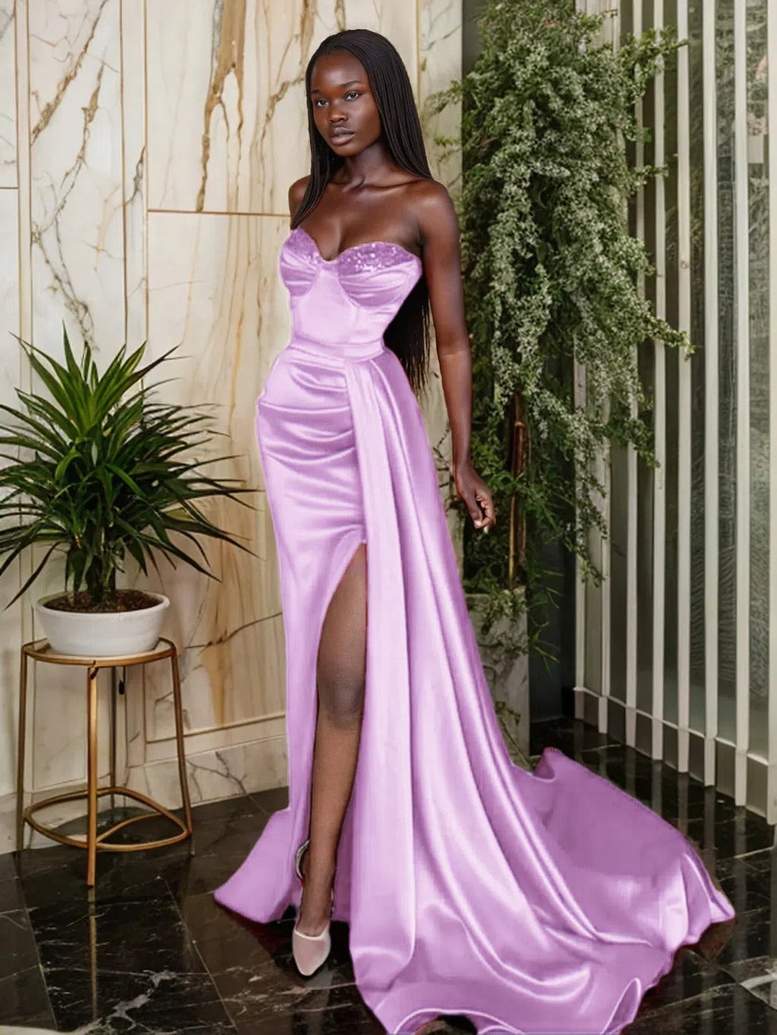 Elastic Women Satin Ruched Sweetheart Prom Dress Sleeveless Sweep/Brush Train Dresses BabaMila