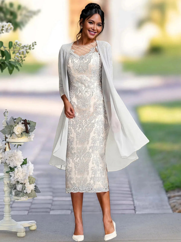 Two Pieces Sheath/Column Scoop Neck Mother Of The Bride/Groom Dresses With Lace Appliques BabaMila