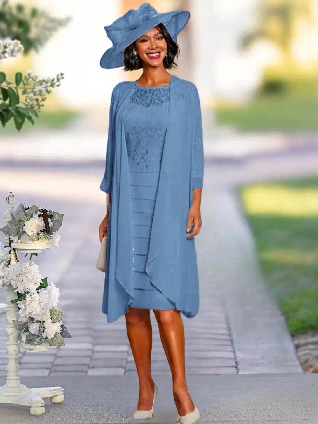 Two Piece Sheath/Column Knee-Length Jewel Neck Mother Of The Bride Dress With Jacket BabaMila