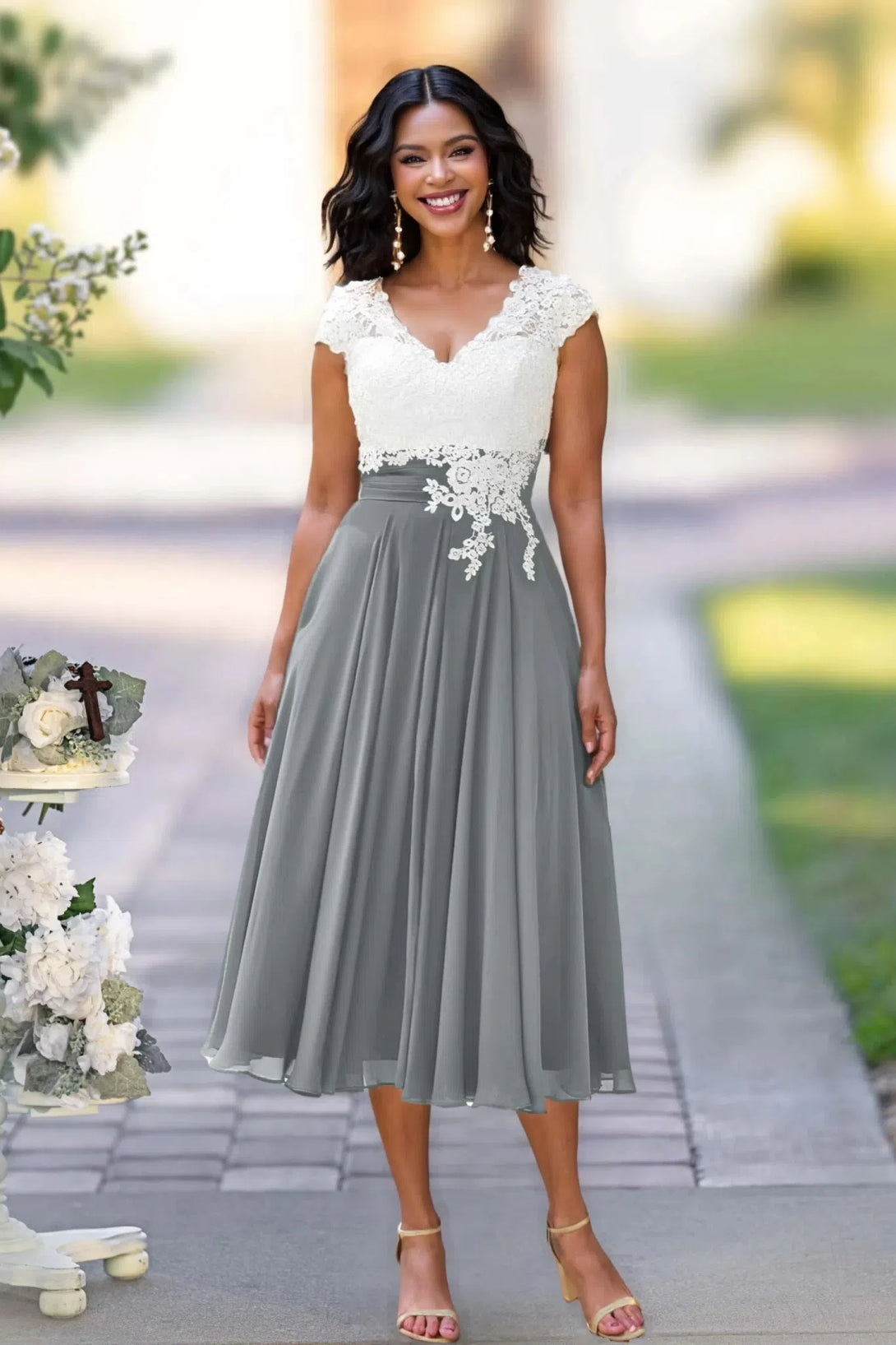 V Neck Lace Chiffon Tea-Length Mother Of The Bride Dresses BabaMila