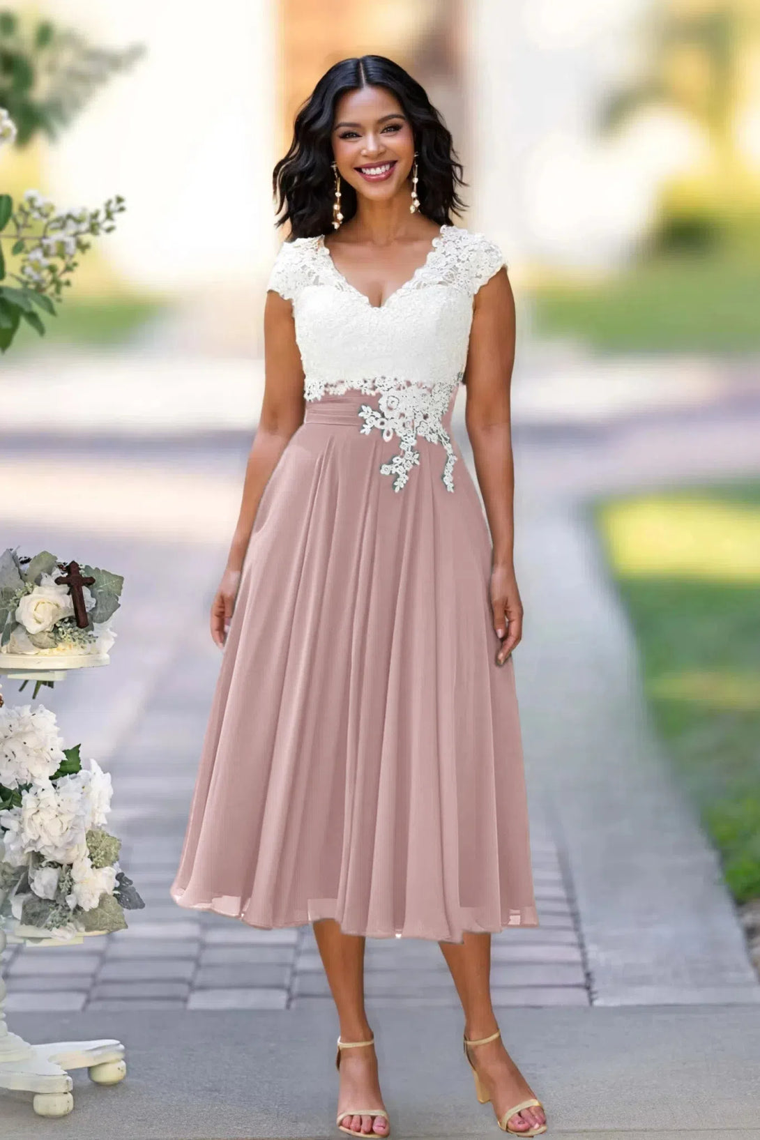 V Neck Lace Chiffon Tea-Length Mother Of The Bride Dresses BabaMila