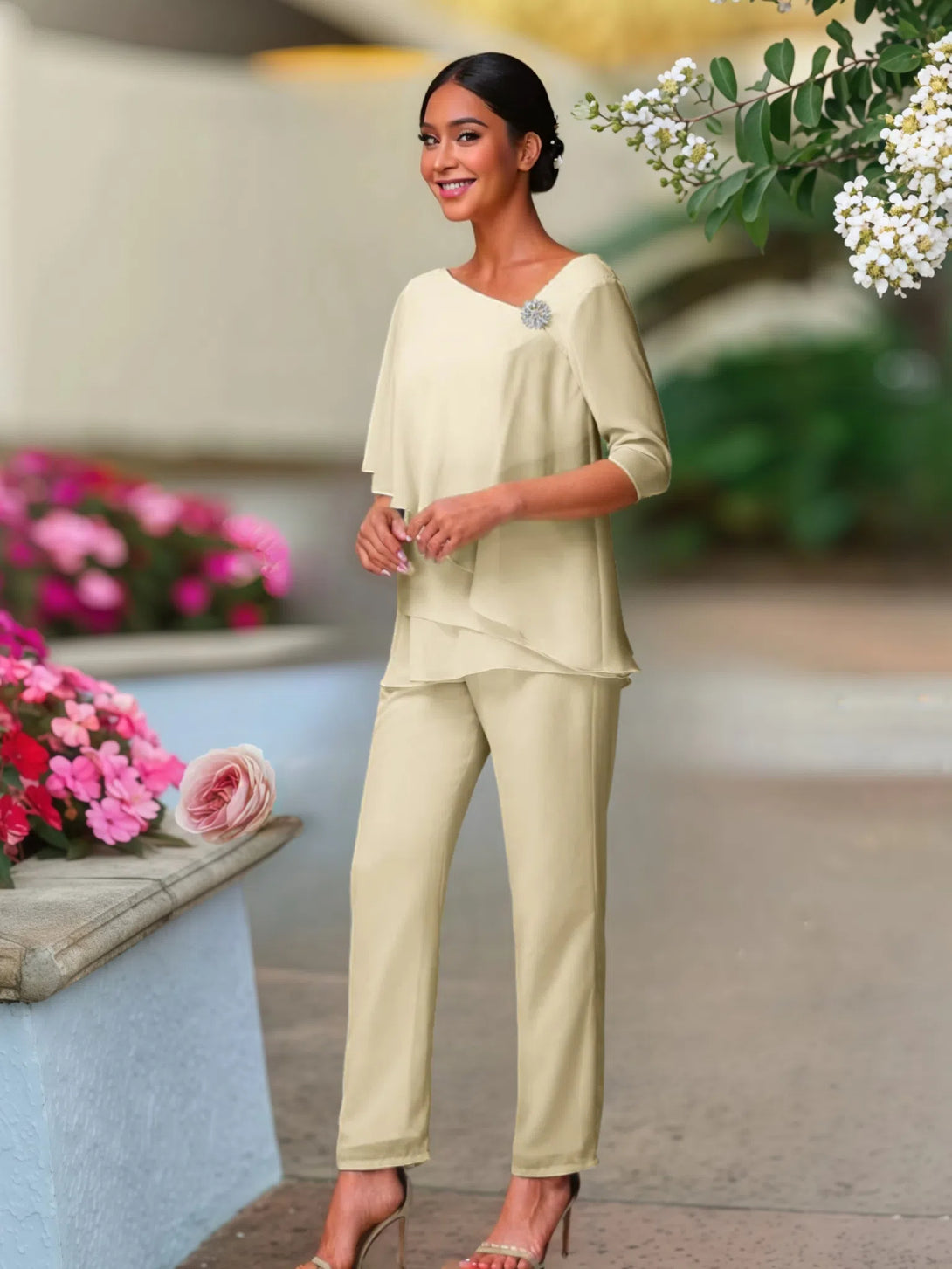 Half Sleeves Chiffon Mother Of The Bride Dress Pant Suits BabaMila