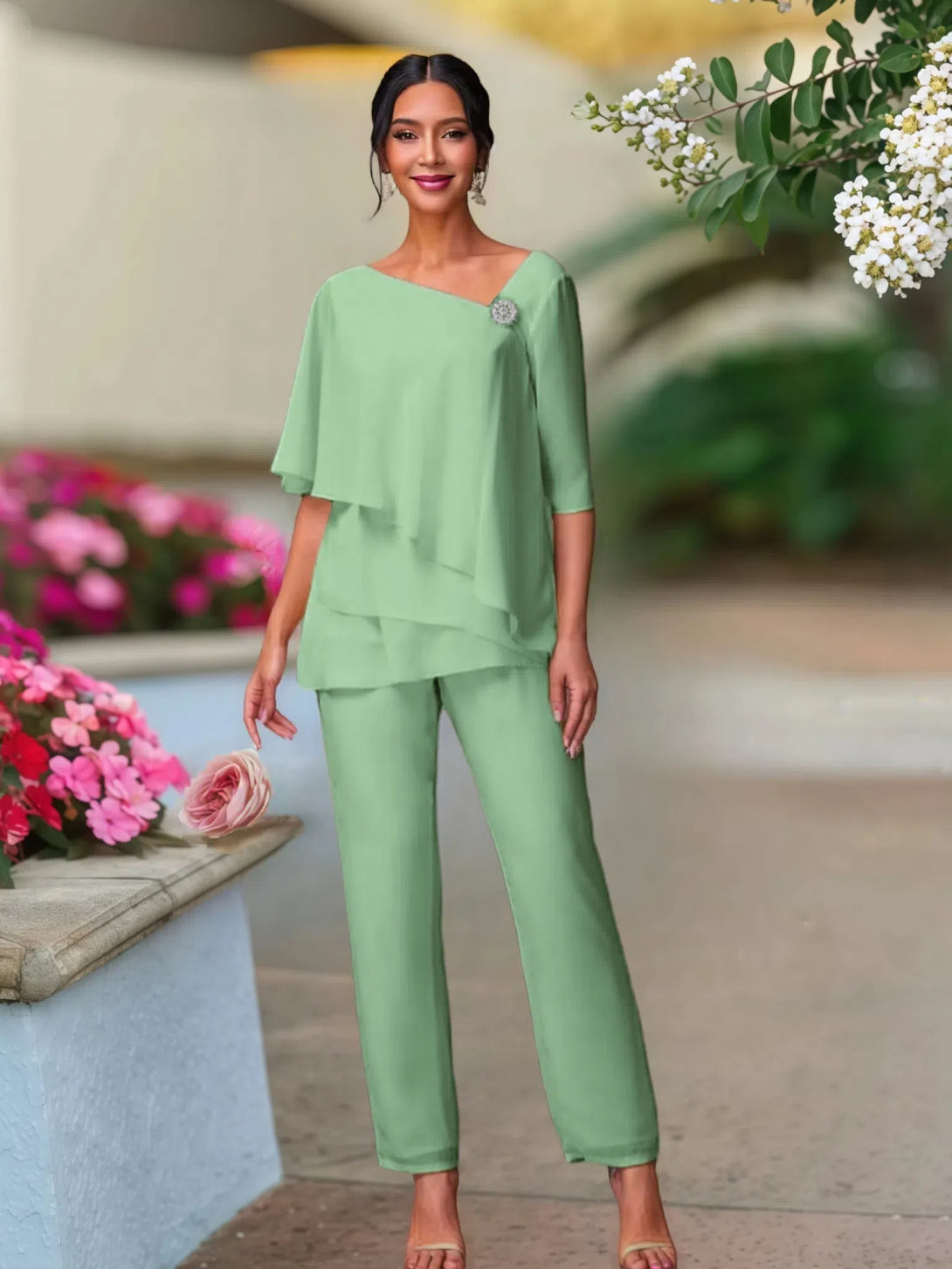 Half Sleeves Chiffon Mother Of The Bride Dress Pant Suits BabaMila