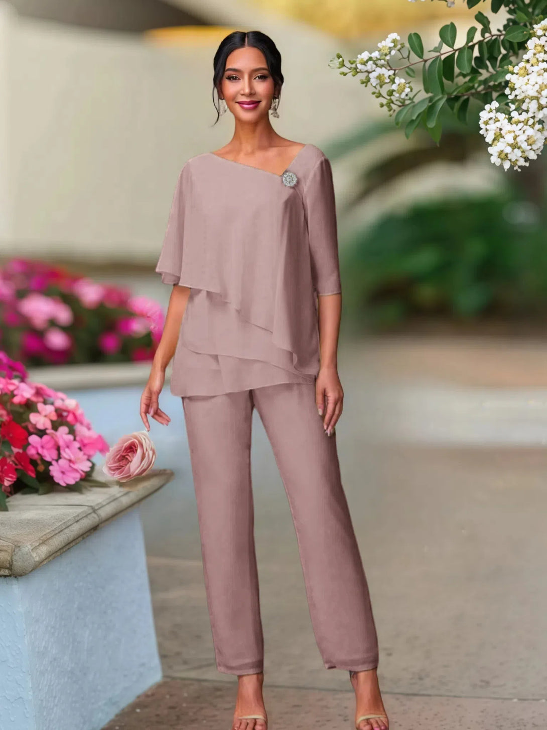 Half Sleeves Chiffon Mother Of The Bride Dress Pant Suits BabaMila