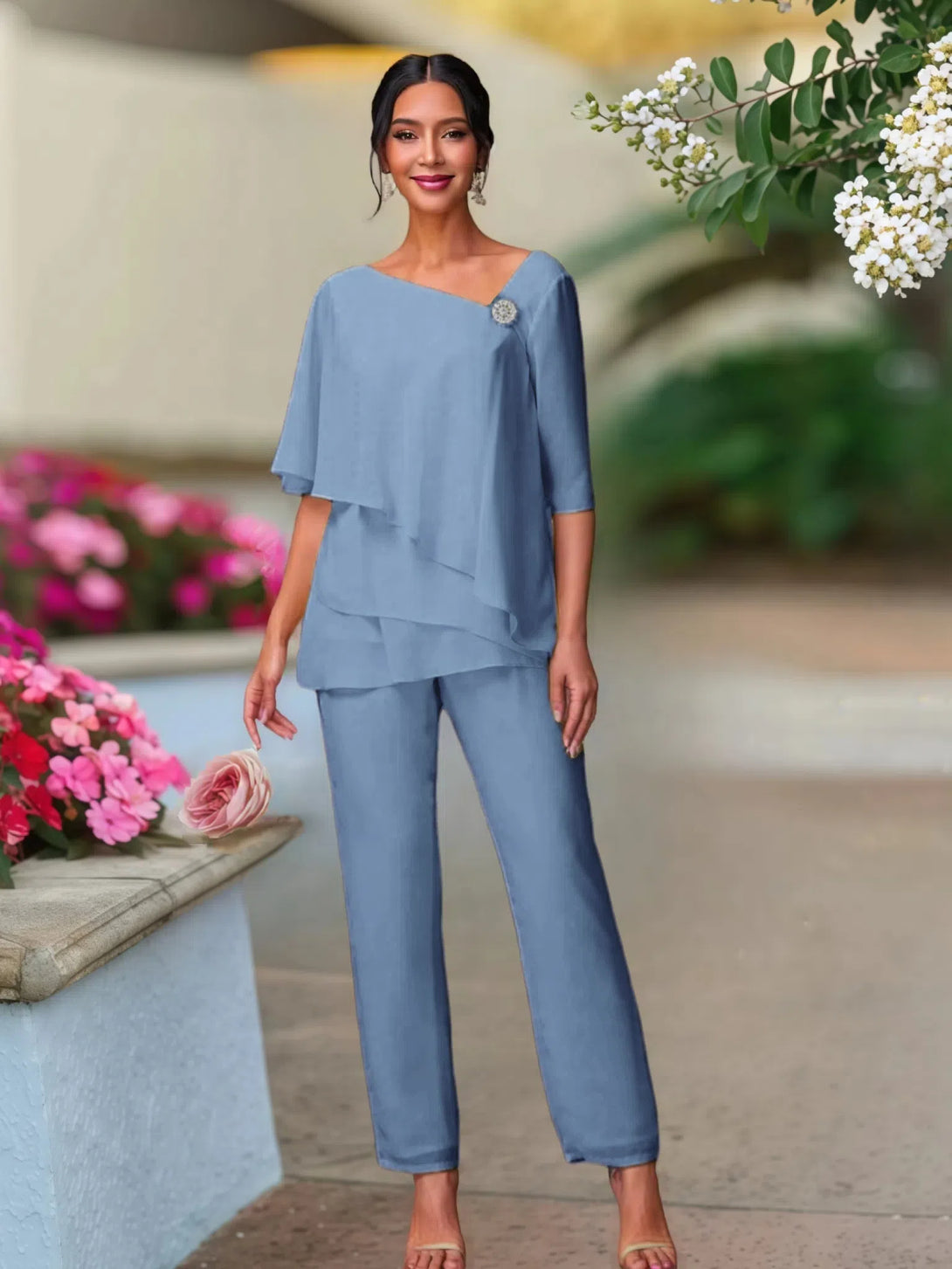 Half Sleeves Chiffon Mother Of The Bride Dress Pant Suits BabaMila