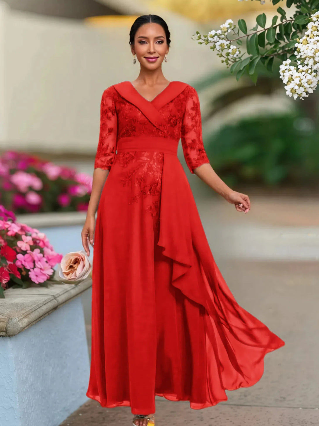 A Line V Neck 3/4 Illusion Sleeves Appliqued Chiffon Floor Length Mother Of The Bride Dresses BabaMila