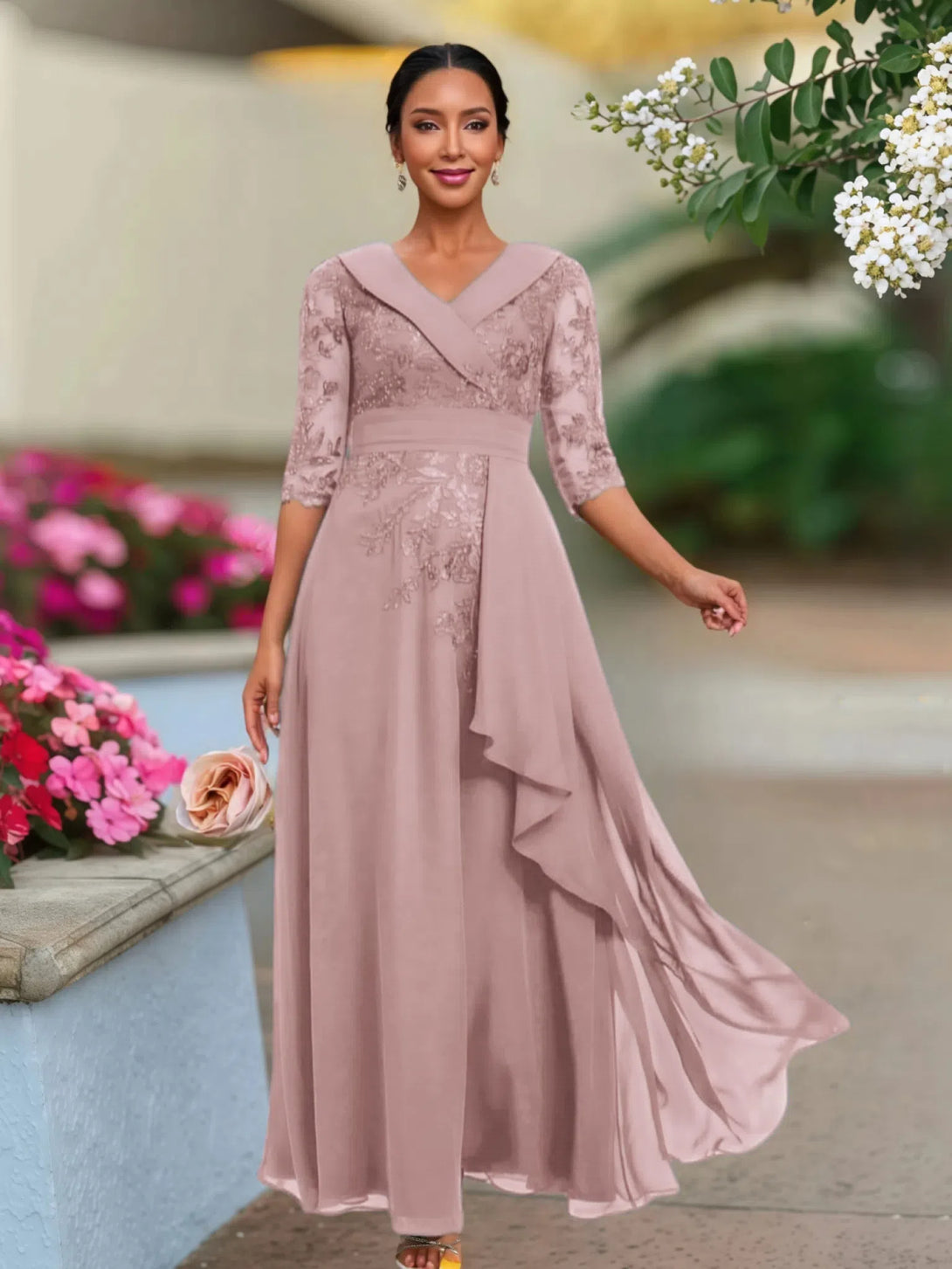 A Line V Neck 3/4 Illusion Sleeves Appliqued Chiffon Floor Length Mother Of The Bride Dresses BabaMila