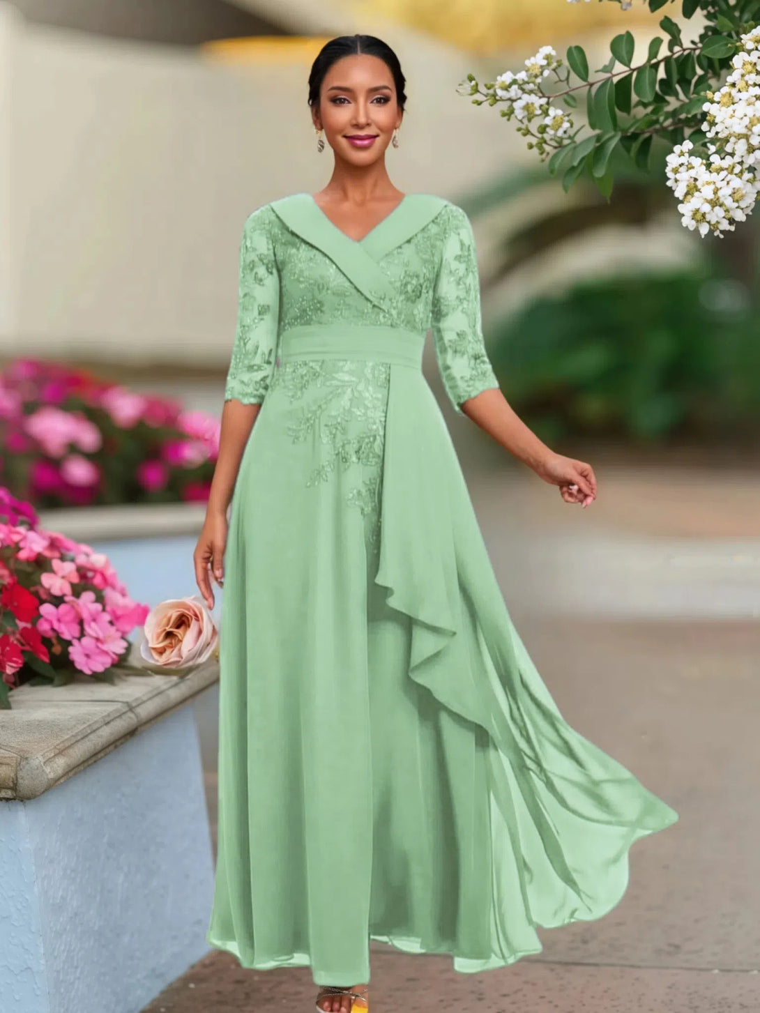 A Line V Neck 3/4 Illusion Sleeves Appliqued Chiffon Floor Length Mother Of The Bride Dresses BabaMila